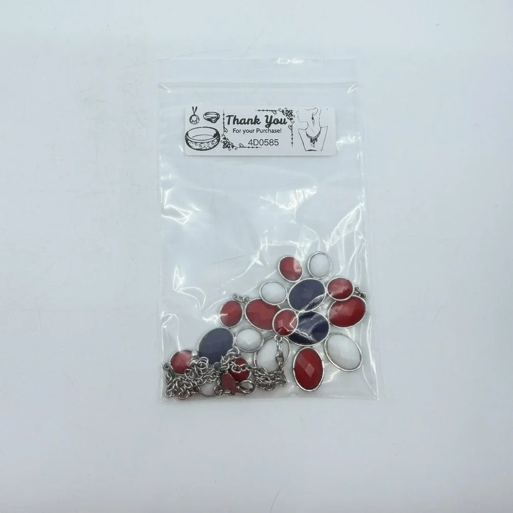 Charming Charlie Red White Blue Faceted Stone Bib Necklace Silver Tone Patriotic